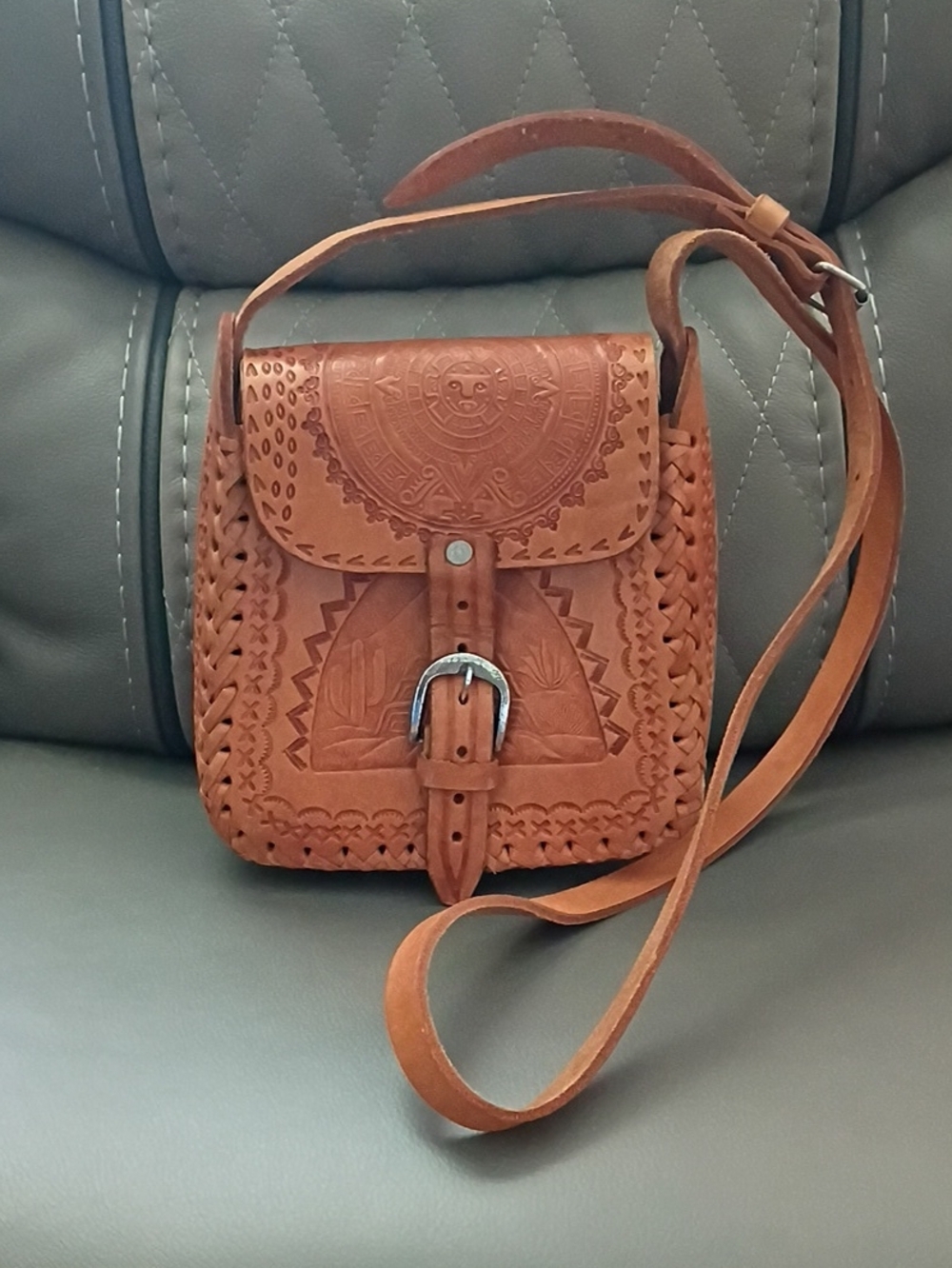 Aztec Motif Tooled Leather Crossbody Bag